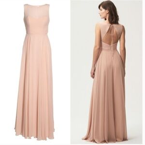 Jenny Yoo Elizabeth Chiffon Sheer Illusion Neckline Gown in Whipped Apricot